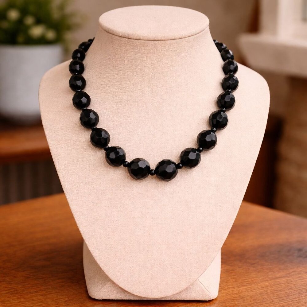 Faceted Black Bead Necklace Glossy Lightweight 18-21 inch Timeless Classic